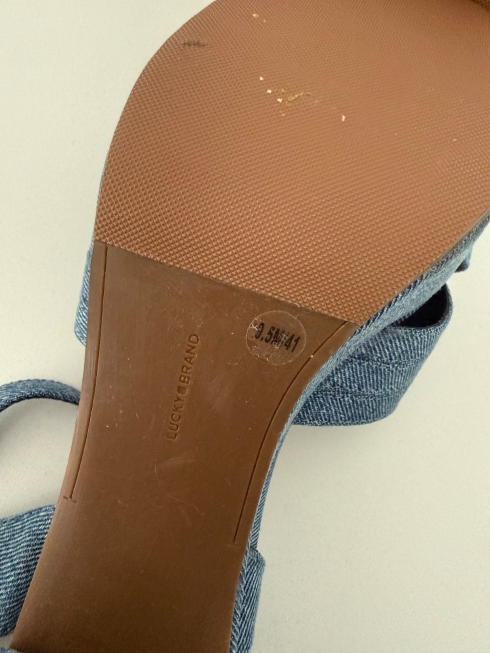 Lucky Brand Marrika Denim Flower Heeled Sandal Chunky Shoes 9.5 - Picture 6 of 7